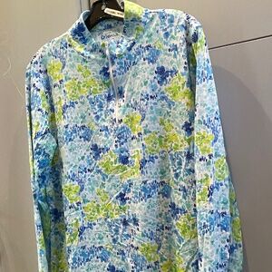 IBKUL MOCK NECK LONG SLEEVE UPF+50 1/4 SIP BLUE LIME GREEN WHITE